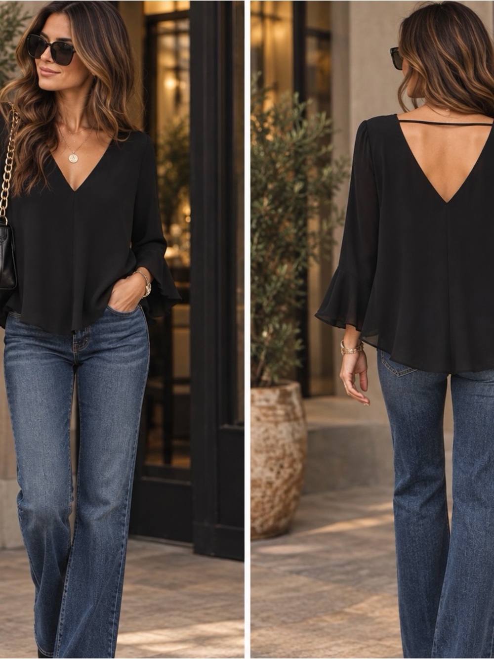 Amanda Uprichard Black Sheer Bell Sleeve V Back Top, Size S, ROMANTIC MINIMALIST